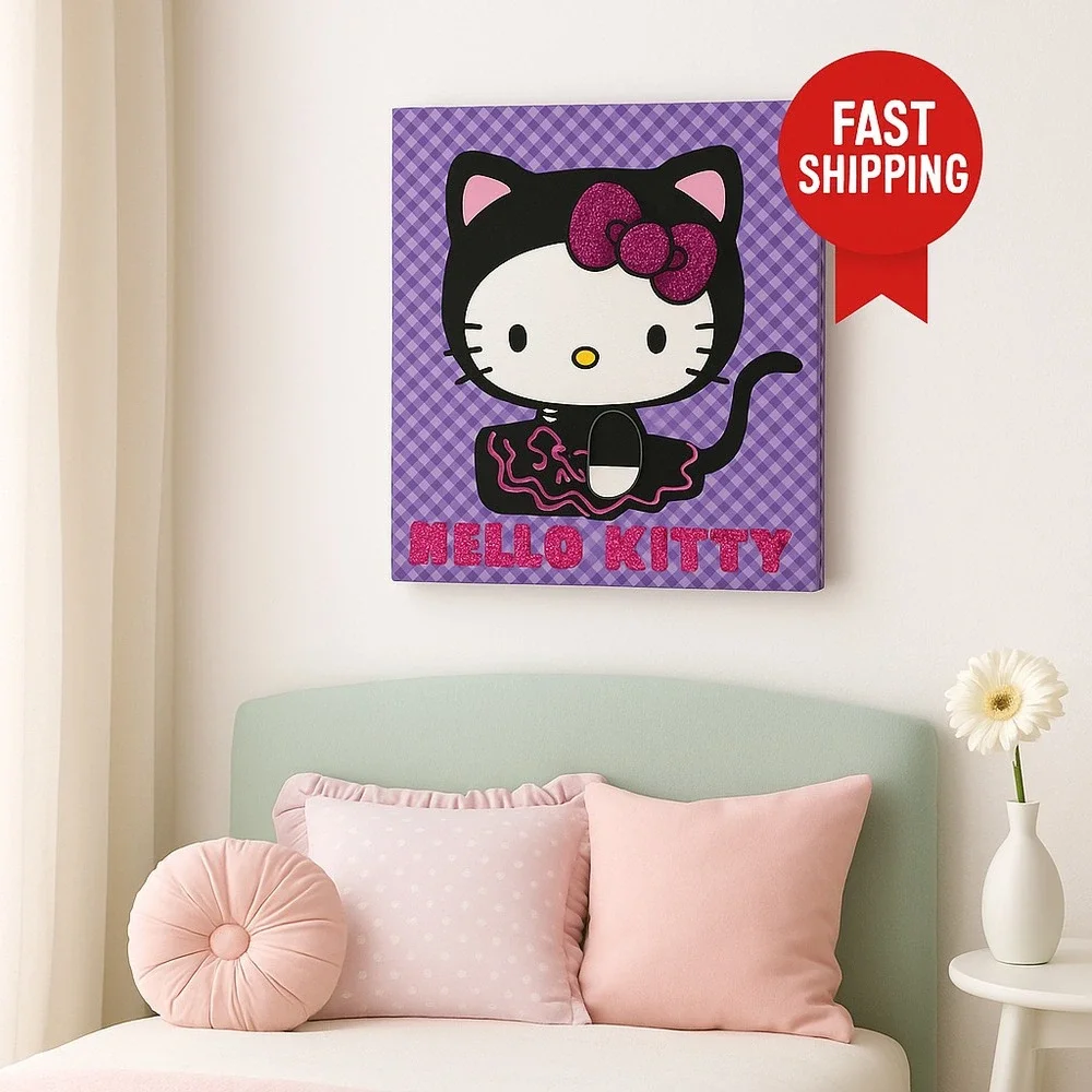 Sanrio Hello Kitty 12x12 Wall Art – Purple‎ Plaid Cat Costume w/ Glitter Bow